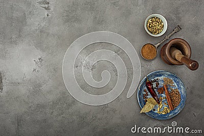 Colorful specials on the table. Indian Garam masala powder and it`s ingredients colourful spices Stock Photo