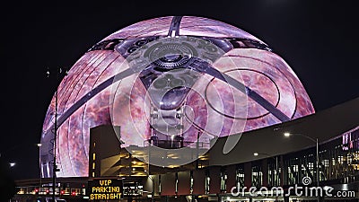 The colorful Sphere at The Venetian Resort surrounded by buildings at night in Las Vegas Nevada Editorial Stock Photo