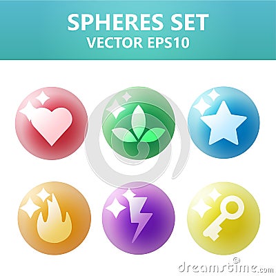 Colorful spheres set with symbols inside. Assets set for game design and web application. Stock Photo