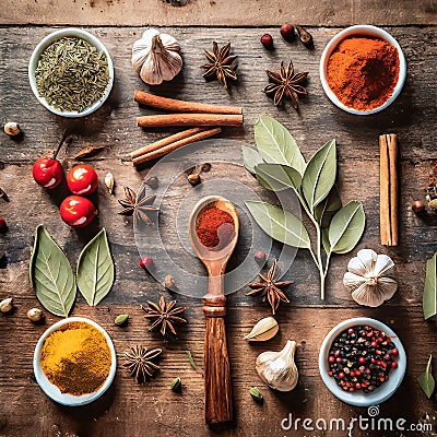 Colorful spices and herbs in a knolling flat lay design. Stock Photo