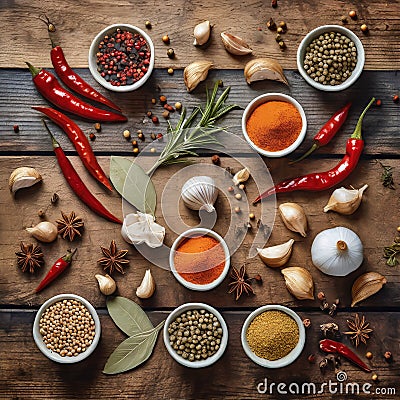 Colorful spices and herbs in a knolling flat lay design. Stock Photo
