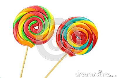 Colorful spiral lollipops on white background Stock Photo