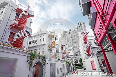 Colorful spiral stairs and colorful urban of Singapore's Bugis Village. Is a landmark of tourists Editorial Stock Photo