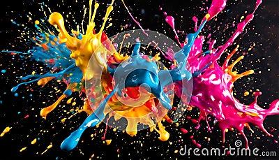 Colorful splashes of paint mingling in the air against a dark background Stock Photo