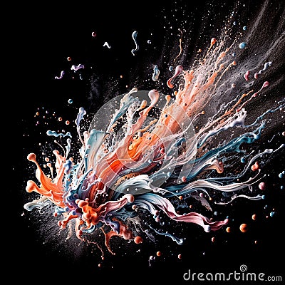 Colorful splashes of paint mingling in the air against a dark background Stock Photo