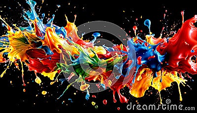 Colorful splashes of paint mingling in the air against a dark background Stock Photo