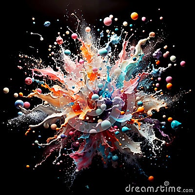 Colorful splashes of paint mingling in the air against a dark background Stock Photo