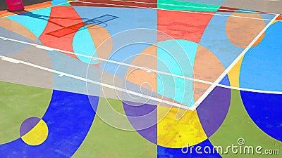 Colorful sports court background. Colorful field rubber ground with white lines outdoors. Stock Photo