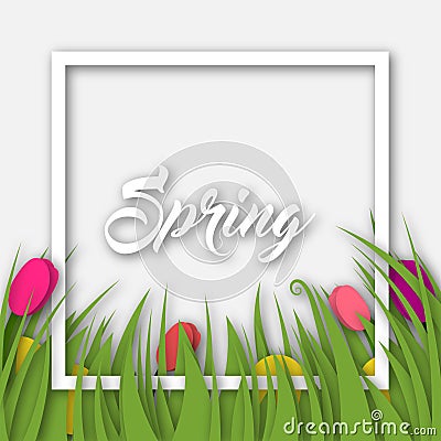 Colorful spring background with flowers in a flat style Stock Photo