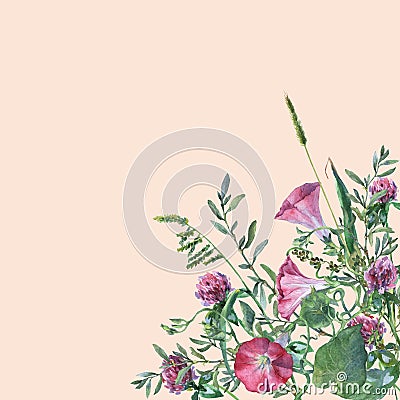 Colorful spring flowers and grass on a meadow. Cartoon Illustration