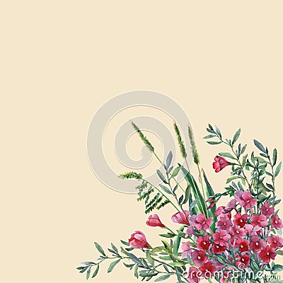 Colorful spring flowers and grass on a meadow. Cartoon Illustration