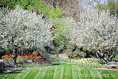 Colorful spring gardens at Lilacia Park in Lombard, Illinois. Stock Photo