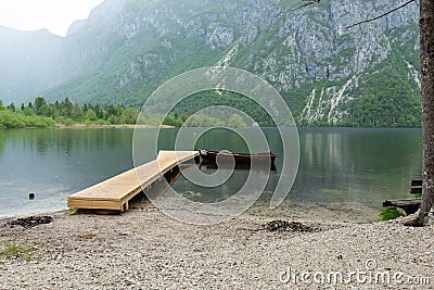 Lake Bohinj and Ukanc village in Triglav national park, Slovenia Stock Photo