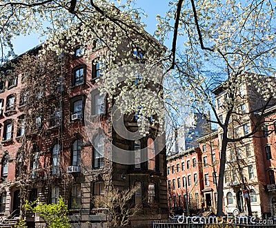 Colorful spring scene in the East Village of New York City with Stock Photo