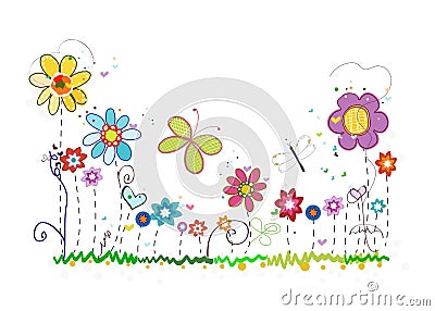 Colorful spring summer time flowers. Doodle floral greeting card Vector Illustration