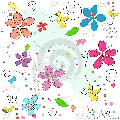 Colorful springtime abstract doodle flowers vector illustration pattern Vector Illustration