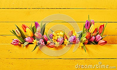 Colorful springtime flowers on yellow background Stock Photo