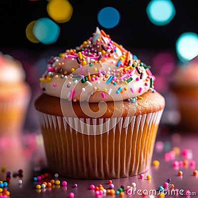 Colorful Sprinkled Cupcake, Hyperrealistic CloseUp. Generative AI Stock Photo