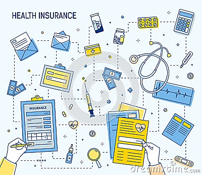 Colorful square banner with hands filling out document of health insurance and calculating healthcare expenses Vector Illustration