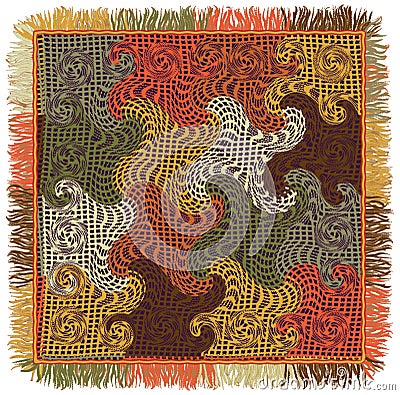 Colorful square carpet with wavy, swirled ,quilted pattern and fringe Vector Illustration