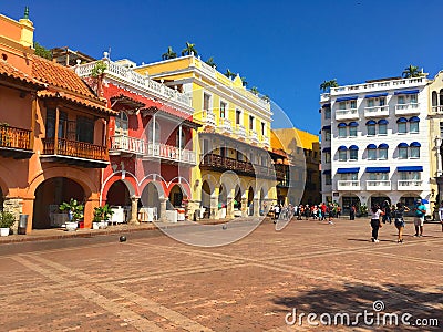 Colorful main square in old town Cartagena, Colombia Editorial Stock Photo