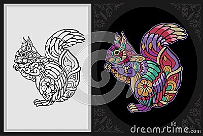 Colorful squirrel zentangle art with black line sketch isolated on black and white background Vector Illustration