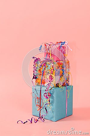 Colorful stack of birthday presents Stock Photo