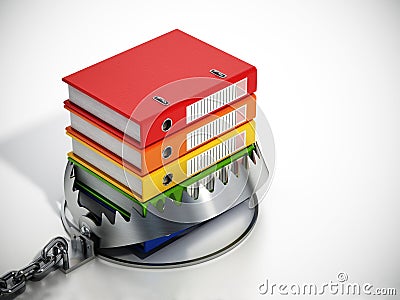 Colorful stack of folders inside bear trap. 3D illustration Cartoon Illustration