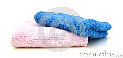 Colorful stacked bathroom towels on white Stock Photo