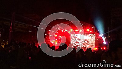 Colorful stages and light show at an electronic music festival in Madrid Editorial Stock Photo