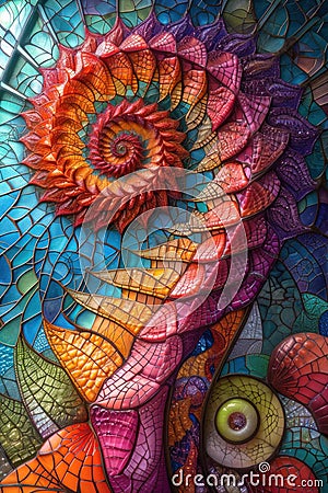 A colorful stained glass piece with a spiral design on it, AI Stock Photo