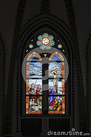 Colorful Stained glass window at St Marys Cathedral in Yangon Myanmar Asia Stock Photo