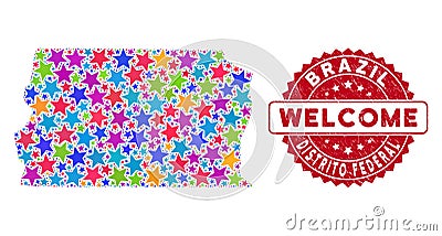 Colorful Star Brazil Distrito Federal Map Mosaic and Distress Welcome Stamp Seal Vector Illustration