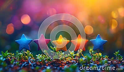 Colorful star decorations in a garden Stock Photo