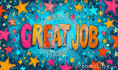 Colorful stars bursting out with the words GREAT JOB in bold, celebrating achievement, success, praise, or a job well done in Stock Photo