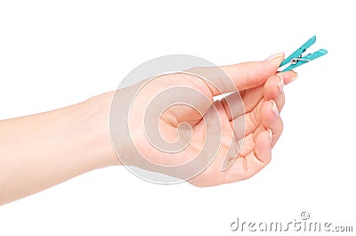 The colorful stationery clothespins in hand Stock Photo