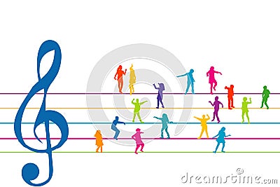 Colorful stave with clef and kids dancing Vector Illustration