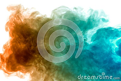 Colorful steam exhaled from the vape with a smooth transition of color molecules from yellow to blue on a white background like a Stock Photo