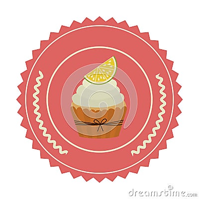 colorful sticker with olive crown and cupcake with lemon slice Cartoon Illustration