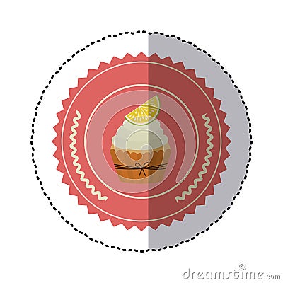 colorful sticker with olive crown and cupcake with lemon slice in round frame Cartoon Illustration