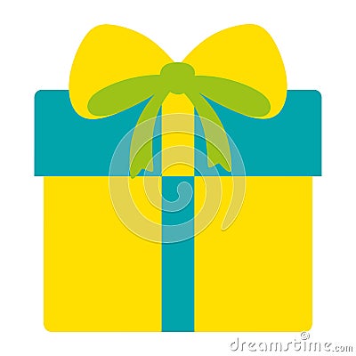 Colorful sticker with yellow and blue gift box and bow. Cute Surprise for holiday. Design for printing. Cartoon flat Vector Vector Illustration