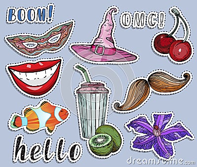 Colorful stickers set. Party and summer exotic concept. Vector Illustration