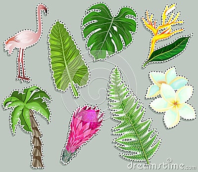 Colorful stickers Tropical plants and flamingo set. Summer holliday and tropical vacation concept. Vector Illustration