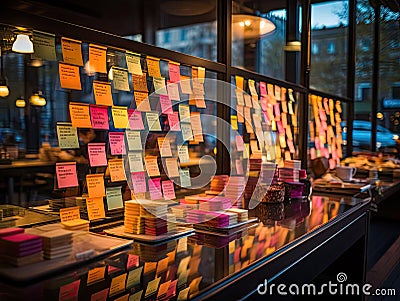 Colorful sticky notes on glass wall brainstorming ideas Stock Photo