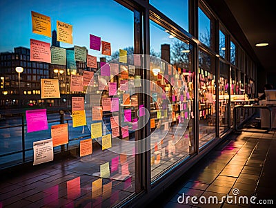 Colorful sticky notes on glass wall brainstorming ideas Stock Photo