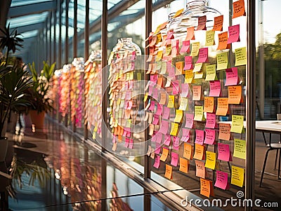 Colorful sticky notes on glass wall brainstorming ideas Stock Photo