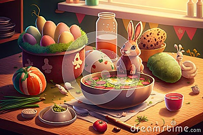 colorful still life with meal easter eggs and easter bunny Stock Photo