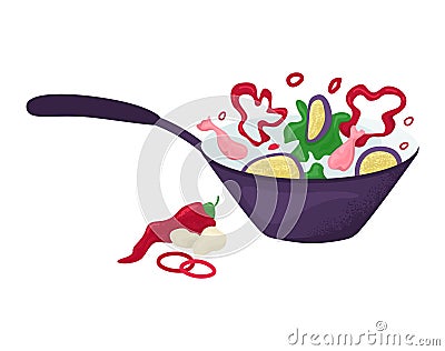 Colorful stir fry in wok, sizzling vegetables and chicken. Fresh ingredients cooking in pan, spicy food preparation Cartoon Illustration