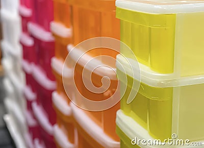 Colorful storage racks stacked in a row Stock Photo