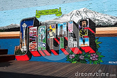 Street art greetings in Downtown Seattle Washington Editorial Stock Photo